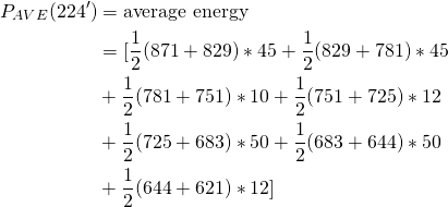 \begin{align*} P_{AVE}(224') &= \text{average energy} \\ \hphantom{1} &= [\frac{1}{2}(871 + 829)*45 + \frac{1}{2}(829 + 781)*45 \\ &+ \frac{1}{2}(781 + 751)*10 + \frac{1}{2}(751+725)*12 \\ &+ \frac{1}{2}(725+683)*50 +\frac{1}{2}(683+644)*50 \\ &+\frac{1}{2}(644+621)*12] \end{align*}