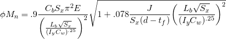 \begin{equation*} \phi M_n = .9 \frac{C_b S_x \pi^2 E}{\bigg(\frac{L_b\sqrt{S_x}}{(I_y C_w)^{.25}}\bigg)^2} \sqrt{1+.078\frac{J}{S_x (d-t_f)}\bigg(\frac{L_b \sqrt{S_x}}{(I_y C_w)^{.25}}\bigg)^2} \end{equation*}